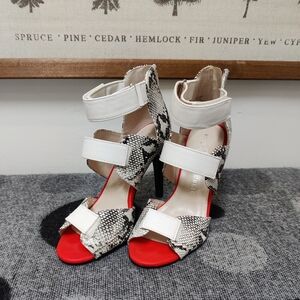 Rock & Republic Snakeskin Print Caged Heels - Red White & Black - Size 7.5